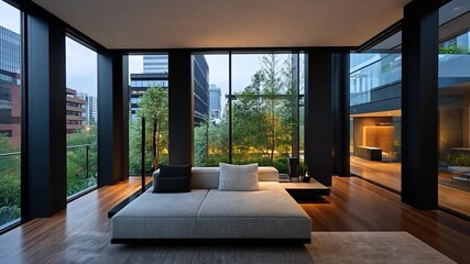 Poster - Daylight View Of Modern Living Room With Comfortable Sofa And City View Outside Window