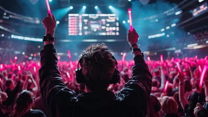 Poster - DJ At A Concert Holding Pink Glow Sticks Amidst An Excited Crowd in Low Light
