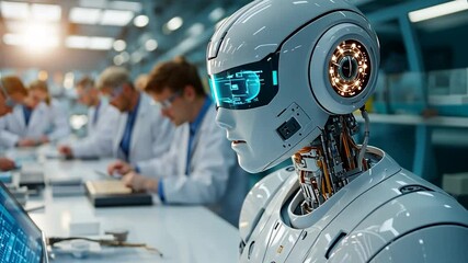 Aufkleber - Futuristic Robot Head Close Up with Glowing Blue Eyes in a Science Lab Setting with Researchers in White Coats