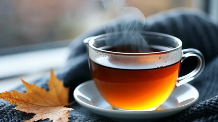 Poster - Steaming Tea Cup on Saucer Next to Autumn Leaf and Gray Knitted Blanket
