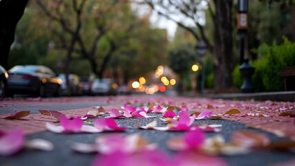 Poster - Pink Petals on Asphalt Street with Blurred Trees and City Buildings in Daylight