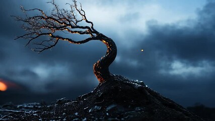 Aufkleber - Pixelated Tree On Hill With Glowing Elements Against Stormy Sky and Dramatic Lighting