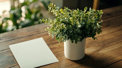 Poster - Blank White Card Beside Green Potted Plant on a Rustic Wooden Table with Soft Natural Lighting