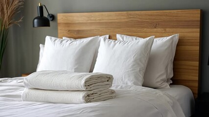 Aufkleber - Well Appointed Bedroom Interior With Clean White Bedding and Wooden Headboard