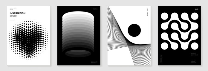 Poster - Abstract monochrome poster background vector set. Modern cover template with black and white perspective geometric prism shape, line. Ideal design for social media, banner, ads.
