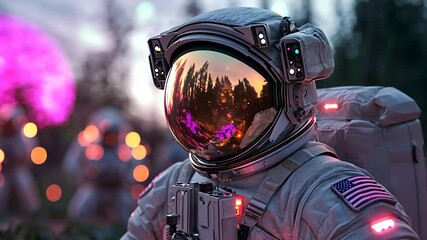 Poster - Astronaut In White Suit With Reflected Forest And Pink Lights In An Outdoor Setting