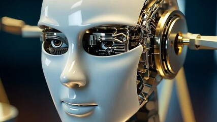Poster - Robot Head With White Face And Metallic Components Near Justice Scale In Blurred Background