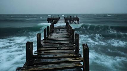 Poster - Weathered Wooden Pier Extends Into Stormy Ocean Under Grey Cloudy Sky
