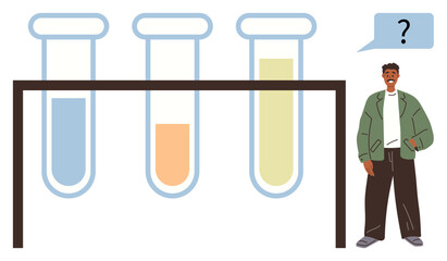 Poster - Three test tubes filled with blue, orange, and yellow liquids in a stand, observed by a curious man with a question mark. Ideal for science, education, research, inquiry, curiosity problem-solving