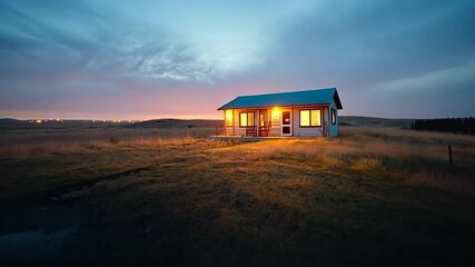 Aufkleber - Wooden Cabin At Dusk Illuminated With Warm Lighting On Grassy Hill Against A Dark Cloudy Sky