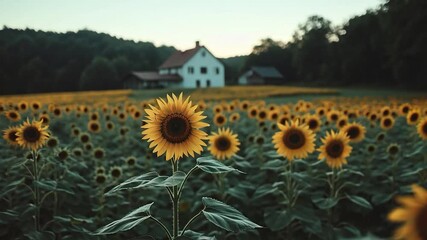 Aufkleber - Vibrant Sunflower Field in Bloom with a Farmhouse Background Under Golden Hour Sunlight
