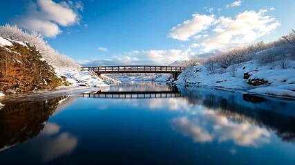 Poster - Winter Scene Wooden Bridge Spanning Blue River Reflecting Snowy Banks Under Clear Blue Sky