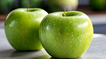 Poster - Close Up Of Two Green Apples With Water Droplets On A Grey Surface