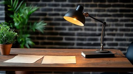 Poster - Wooden Desk With Black Lamp and Papers Beside Green Plant Against Brick Wall