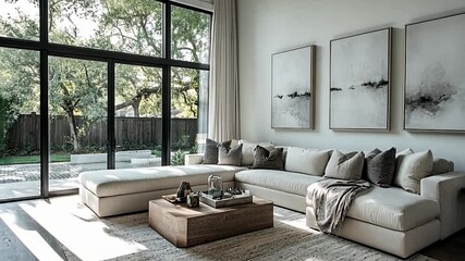 Aufkleber - Modern Living Room Interior With Sectional Sofa Neutral Colors Large Windows And Natural Light