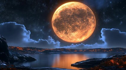 Poster - Animated Night Scene with Large Orange Pixel Moon Above Calm Water and Detailed Landscape