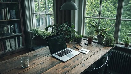 Poster - Workspace Interior With Laptop On Wooden Desk Near Window And Greenery