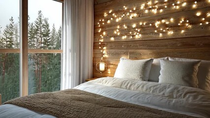 Aufkleber - Warm Bedroom Interior with Fairy Lights on Wooden Wall White Bedding and Forest View
