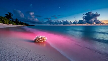 Poster - Beach at Twilight with Coral Formation Illuminated by ambient light and Colorful Reflections
