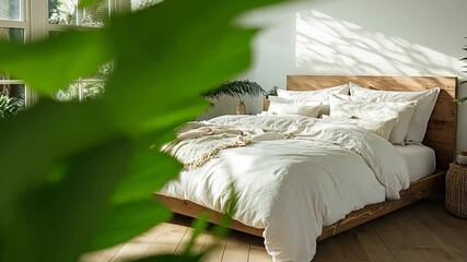 Poster - Bright Bedroom Interior with Wooden Bed and Green Plants in Sunlight from Window