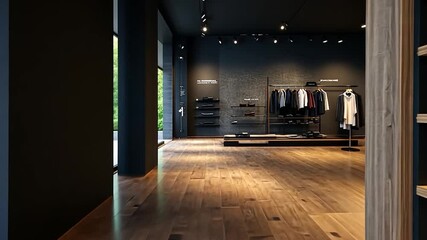 Poster - Interior View Of A Modern Clothing Store With Hardwood Flooring Dark Gray Walls And Display Shelves