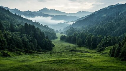Aufkleber - Lush Green Valley Landscape With Mountains Trees and Fog Under Cloudy Sky