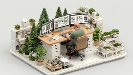 Poster - Architect at Work: Isometric View of Designer in Green Oasis Office, Three Monitors