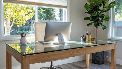 Aufkleber - Modern Home Office Interior Featuring Glass Top Wooden Desk Computer and Potted Plant Beside Window