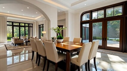 Poster - Luxurious Interior Dining Area With Wooden Table And Beige Chairs Featuring Large Windows Natural Light And Reflected Floors