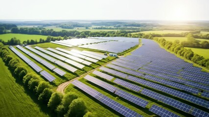 Aerial View of Expansive Solar Panel Farm at Sunset. Sustainable power and eco-conscious innovation.