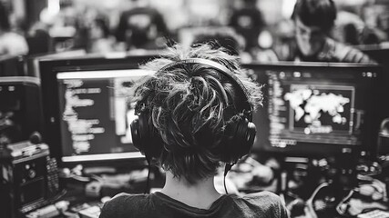 Poster - Coding Enthusiast Immersed in Code, Focused on Computer Screens, B&W.