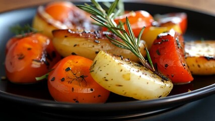 Poster - Roasted Tomatoes and Potatoes on a Black Plate with Rosemary Sprig Close Up shot showing vibrant colors and textures of gourmet food