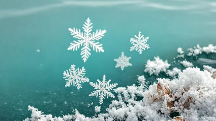 Aufkleber - Detailed View of Floating Snowflakes Above Turquoise Water and Snowy Terrain