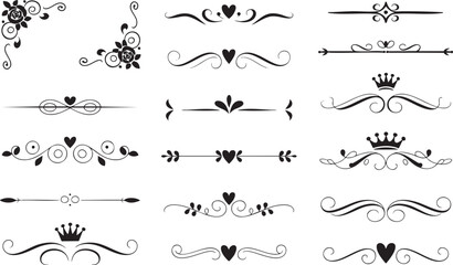 Poster - Ornate Dividers and Flourishes Vector Collection Featuring Elegant Swirls, Hearts, Crowns, and Floral Motifs for Adding a Touch of Refinement to Any Design