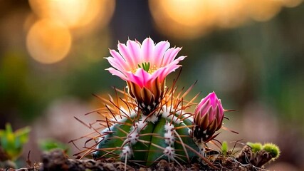 Aufkleber - Pink Cactus Flower and Bud in Close Up View with Green Needles and Blurred Warm Toned Background