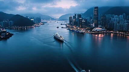 Poster - Aerial View of Harbor and City at Dusk with Ships Sailing in Blue Water Under Cloudy Sky
