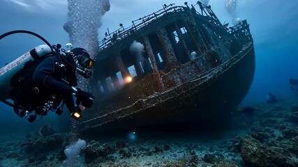 Poster - Scuba Diver Explores Sunken Shipwreck In Deep Blue Ocean Water With Abundant Marine Life