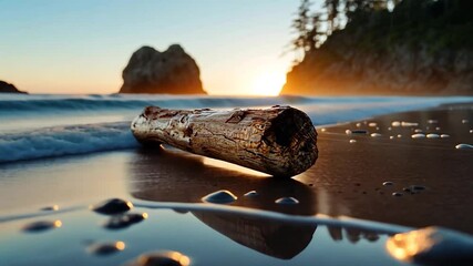 Poster - Sunset Beach Scene with Driftwood Log and Calm Water Reflections