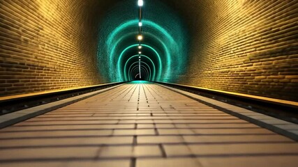 Leinwandbilder - Perspective View of a Brick Tunnel with Railway Tracks and Atmospheric Lighting