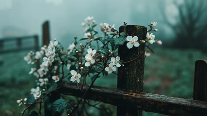 Aufkleber - Close Up Of White Flowers Blooming On Wooden Fence In Foggy Green Background