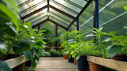 Poster - Interior View Of Greenhouse Filled With Potted Plants And Natural Light