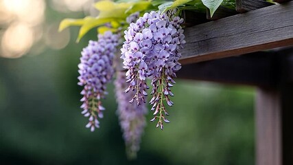 Poster - Purple Wisteria Blooms Hanging From Wooden Pergola With Green Foliage in a Garden