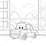 A smiling cartoon car sits on a city street, surrounded by simple buildings, trees, and a small cloud in a black and white line drawing style