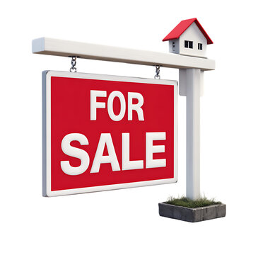 3D real estate sign for sale near a house on a transparent background.
