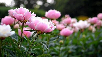 Poster - Close Up Of Pink And White Peony Flowers In Green Garden With Natural Light