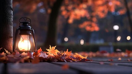 Poster - Lantern Illuminated On Wooden Deck Surrounded By Fallen Autumn Leaves Against Blurred Park Trees