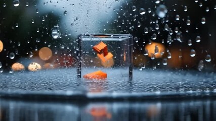 Poster - Transparent Cube with Orange Object and Splashing Water Droplets Against Bokeh Blur Background