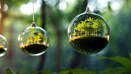 Aufkleber - Transparent Spheres with Miniature Trees Reflecting Sunlight in a Forest Setting
