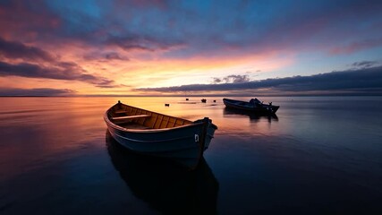 Poster - Silhouette Boats On Still Water Reflecting Sunset Colors And Dramatic Cloudscape