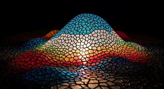 Abstract mosaic hill formation with vibrant hues and tessellated pattern in a low key setting